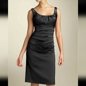 Suzy Chin For Maggy Boutique Ruched Pleated Bodycon Evening Black Satin Dress